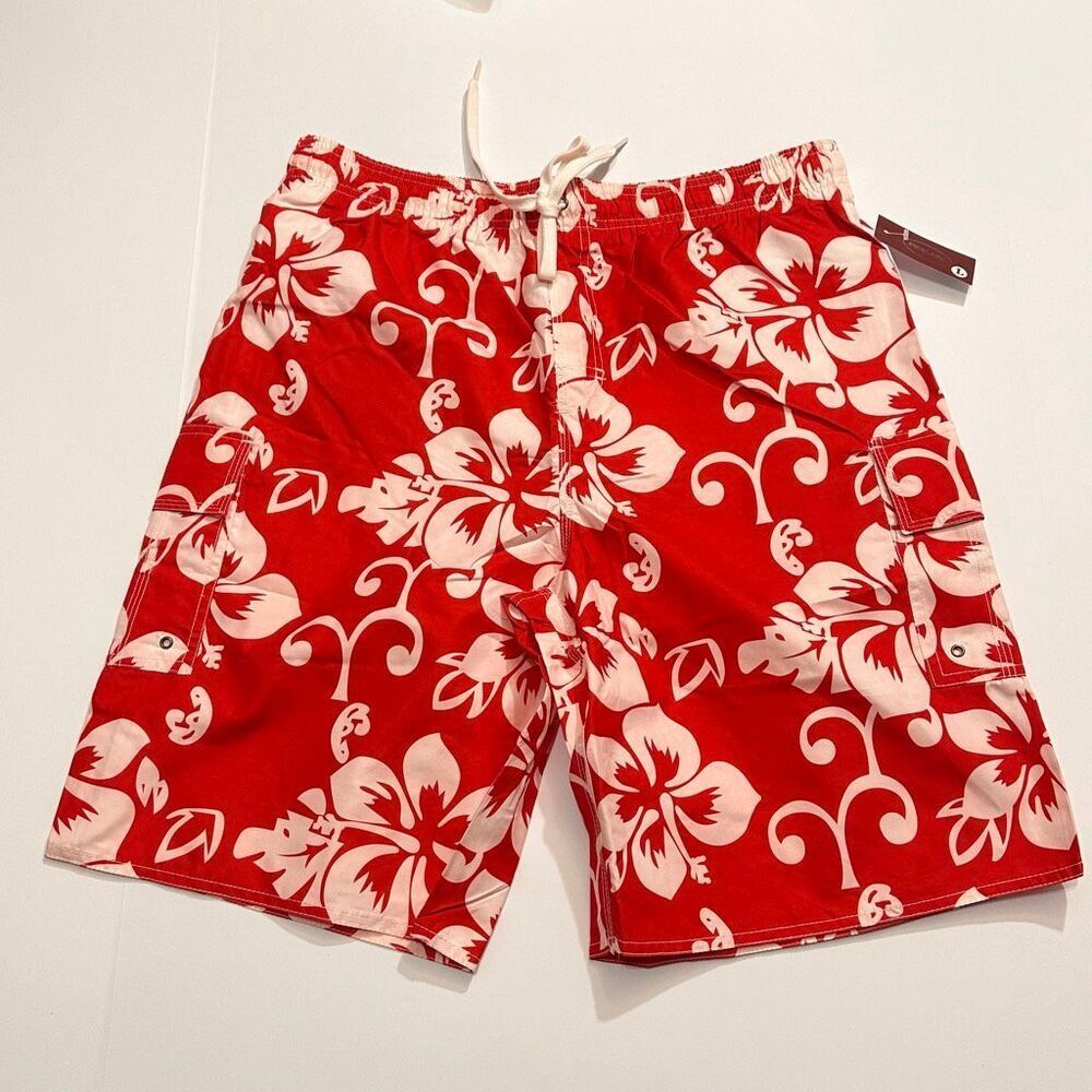 Chalaco Hibiscus Floral Swim Trunks Red and White | Men Size Large New W/ Tags